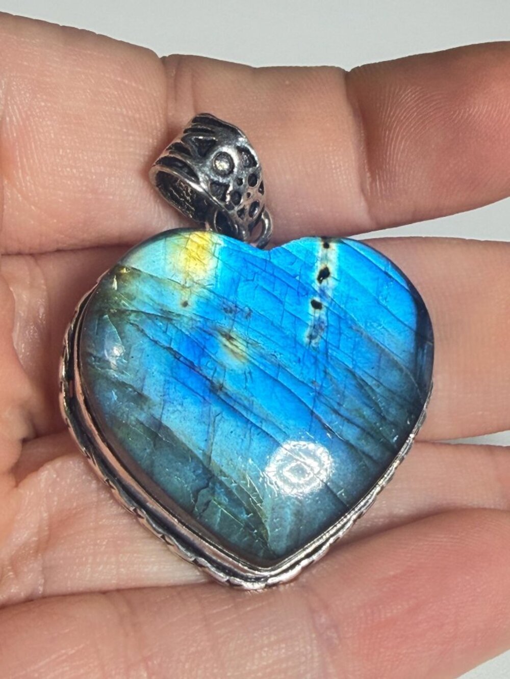 Labradorite Heart Pendant Blue Flash Natural Gemstone 925 Stamped Bale Handmade
